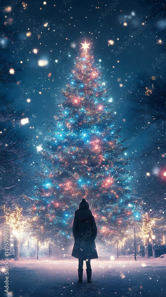 A person admires a beautifully lit Christmas tree in a snowy nighttime setting. A person admires a beautifully lit Christmas tree in a snowy nighttime setting.