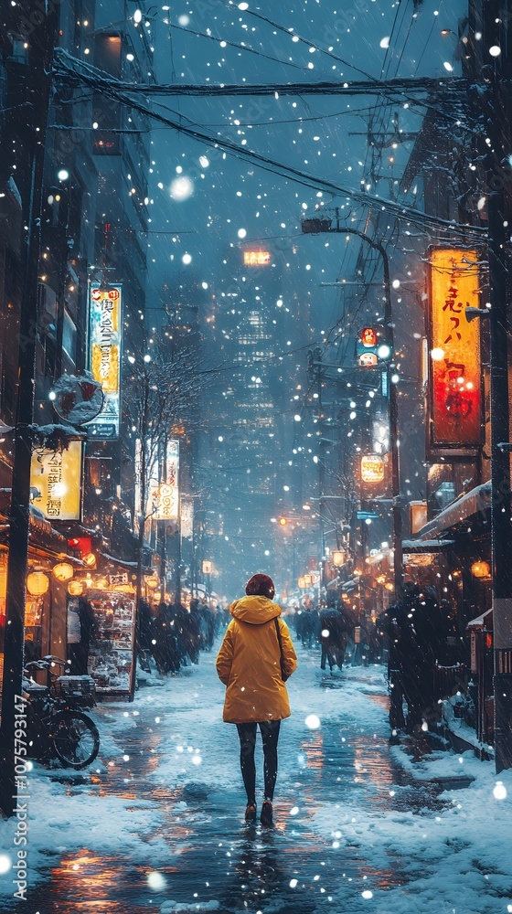 A woman in a yellow coat walks through a snowy urban street at night. A woman in a yellow coat walks through a snowy urban street at night.