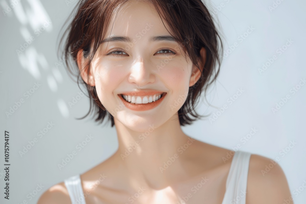 Smiling Japanese Woman with Short Hair in White Room Smiling Japanese Woman with Short Hair in White Room