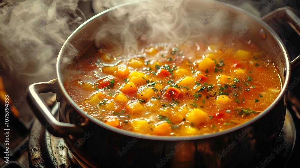 Homemade vegetable soup simmering in a pot with colorful veggies peeking through and fresh herbs sprinkled on top creating a comforting and nutritious culinary delight Homemade vegetable soup simmering in a pot with colorful veggies peeking through and fresh herbs sprinkled on top creating a comforting and nutritious culinary delight