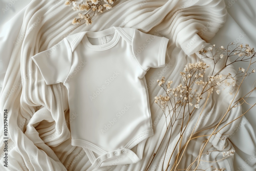 White Baby Bodysuit on Cozy Blanket with Dried Flowers, Top View, Mockup Template White Baby Bodysuit on Cozy Blanket with Dried Flowers, Top View, Mockup Template
