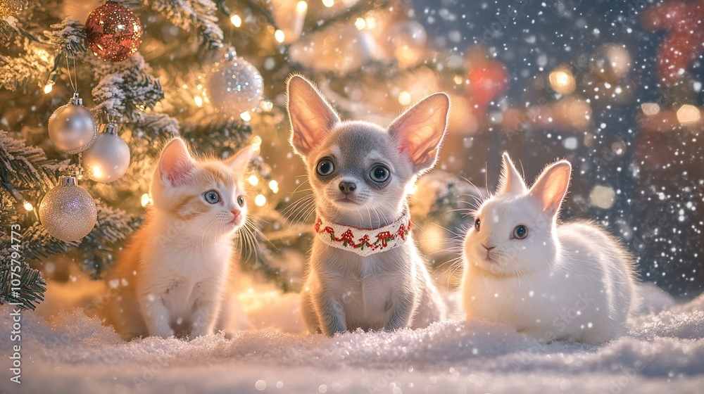Fototapeta premium Adorable Christmas Critters Chihuahua, Kitten, and Rabbit under a Twinkling Tree