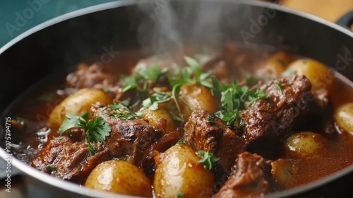 A steaming pot of slow-cooked beef and potatoes,