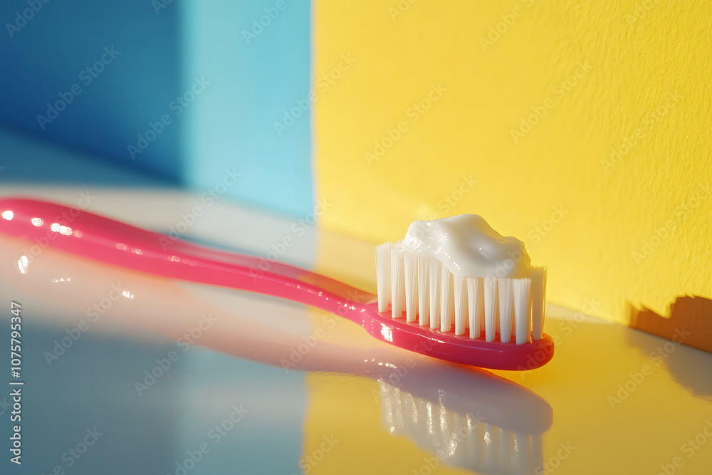 A pink toothbrush with toothpaste against a colorful background. A pink toothbrush with toothpaste against a colorful background.