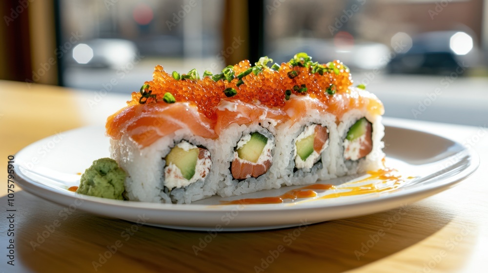 A vibrant sushi roll topped with fresh, colorful A vibrant sushi roll topped with fresh, colorful
