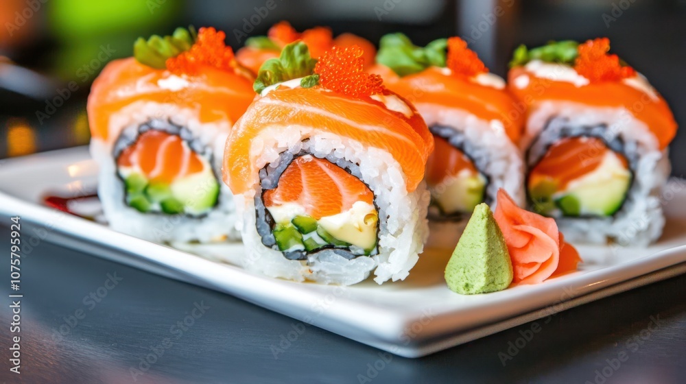 A vibrant sushi roll topped with fresh, colorful A vibrant sushi roll topped with fresh, colorful