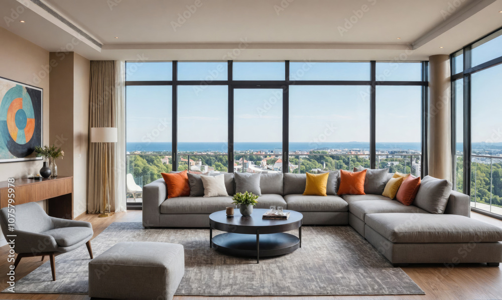 Fototapeta premium A modern living room with a large sectional sofa and a view of the ocean