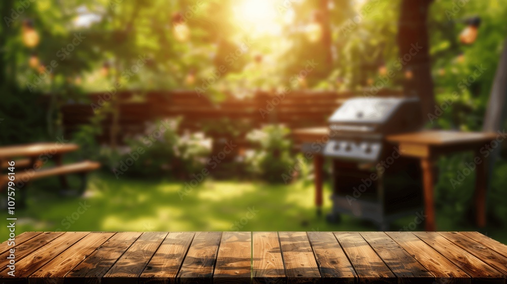 Wooden Table in Sunny Backyard with BBQ Grill for Product Display Wooden Table in Sunny Backyard with BBQ Grill for Product Display