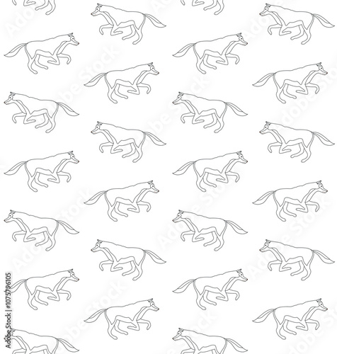 Vector seamless pattern of flat hand drawn outline running wolf isolated on white background