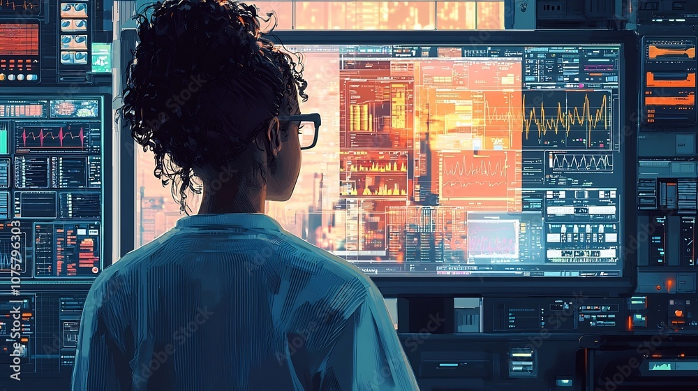 Portrait of a medical professional in a high tech healthcare environment intently examining data displayed on a computer screen to inform diagnosis and treatment decisions Portrait of a medical professional in a high tech healthcare environment intently examining data displayed on a computer screen to inform diagnosis and treatment decisions