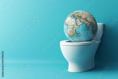 3d Illustration of a world globe inside a toilet bowl, against a blue background. Concept for World Toilet Day. 3d renderring.

 photo