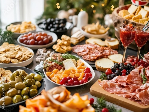 New Years party food ideas with vibrant snacks, sleek table setup, festive atmosphere