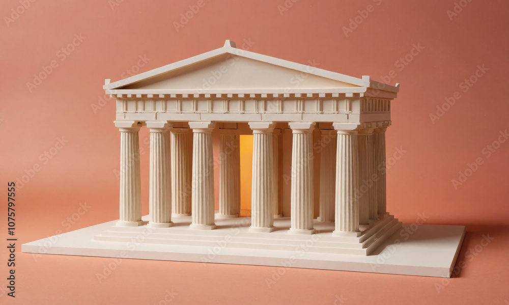 Fototapeta premium A white, miniature model of an ancient greek temple with a yellow doorway sits on a white platform against a peach background