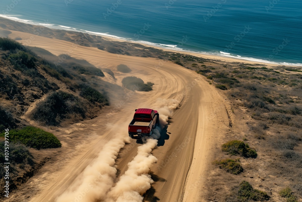 Fototapeta premium Off-Road Adventure Truck Kicking Up Dust on a Coastal Trail