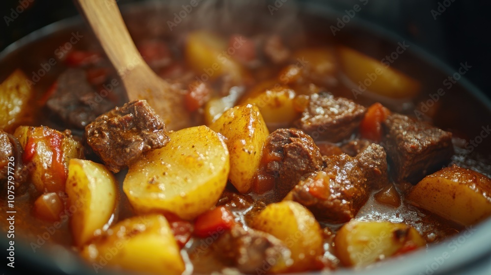 Delicious beef and potato stew cooking in a slow cooker, Delicious beef and potato stew cooking in a slow cooker,