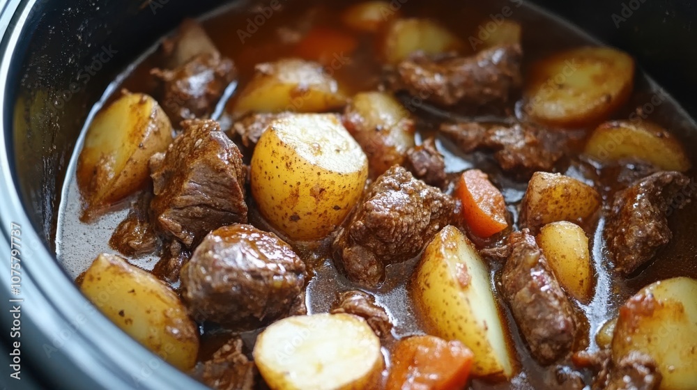 Delicious beef and potato stew cooking in a slow cooker, Delicious beef and potato stew cooking in a slow cooker,