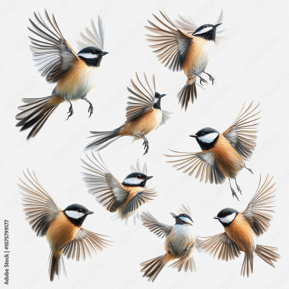 Fototapeta premium Detailed Illustration of Various Birds in Flight Isolated on White Background, Showcasing Unique Feather Patterns and Natural Colors for Artistic Use