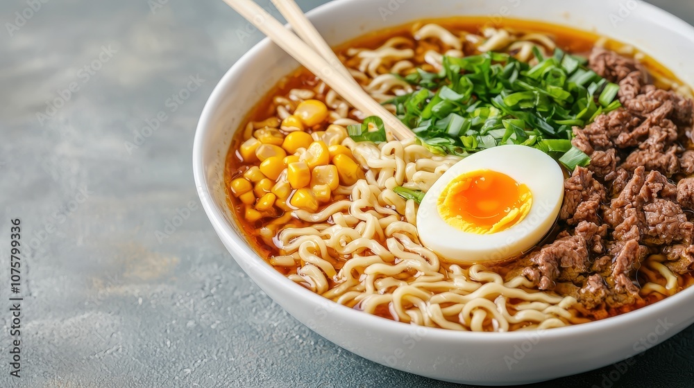 Delicious Beef Ramen Noodle Soup with Corn Egg and Green Onions Delicious Beef Ramen Noodle Soup with Corn Egg and Green Onions