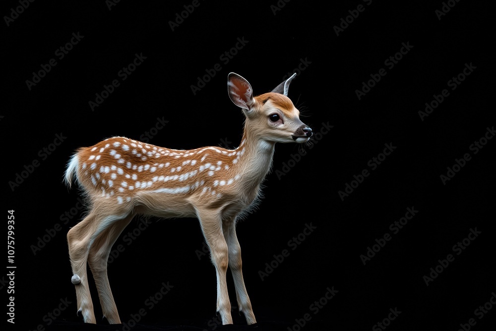 the beside view baby Fallow Deer standing, left side view, low angle, white copy space on right, Isolated on black Background the beside view baby Fallow Deer standing, left side view, low angle, white copy space on right, Isolated on black Background