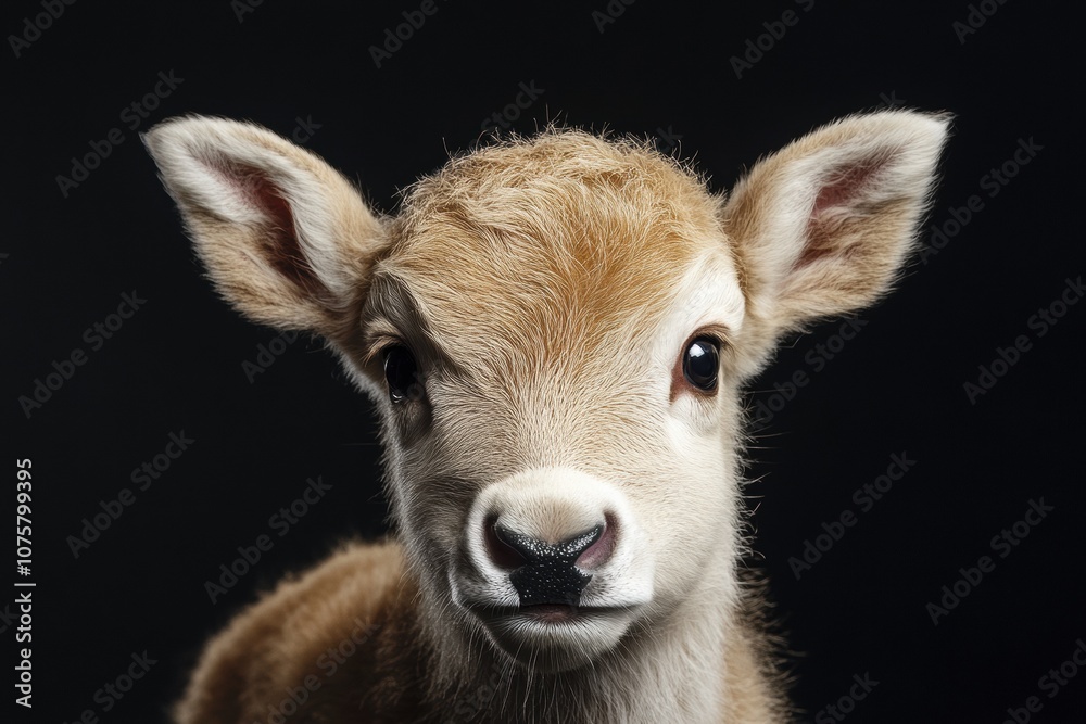 Mystic portrait of baby Reindeer in studio, copy space on right side, Headshot, Close-up View, isolated on black background Mystic portrait of baby Reindeer in studio, copy space on right side, Headshot, Close-up View, isolated on black background