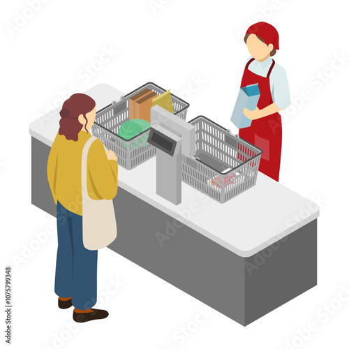 アイソメトリックイラスト：スーパーの店員と客(赤エプロン)