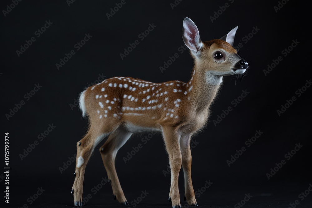 the beside view baby White-tailed Deer standing, left side view, low angle, white copy space on right, Isolated on black Background the beside view baby White-tailed Deer standing, left side view, low angle, white copy space on right, Isolated on black Background