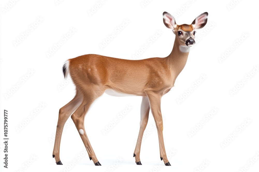 Fototapeta premium the beside view baby White-tailed Deer standing, left side view, low angle, white copy space on right, Isolated on White Background