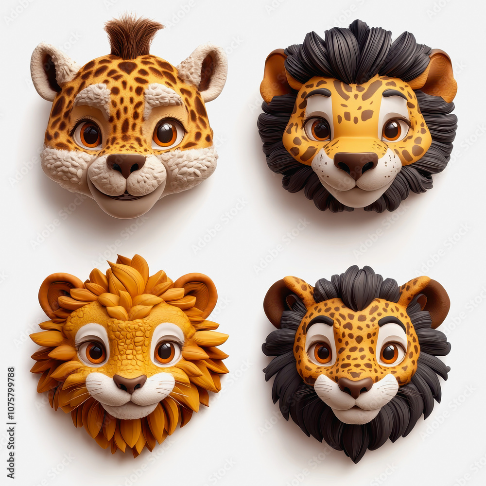 Fototapeta premium Adorable and Colorful Cartoon Animal Portraits Featuring Cute Lions and Leopards in Illustrations for Fun, Whimsical Decor on White Background