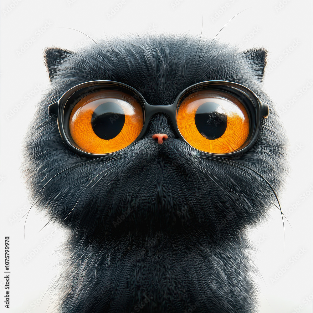 Fototapeta premium Adorable Illustration of a Cute Black Cat with Big Orange Eyes and Glasses Sitting Isolated on a White Background Perfect for Animal Portraits
