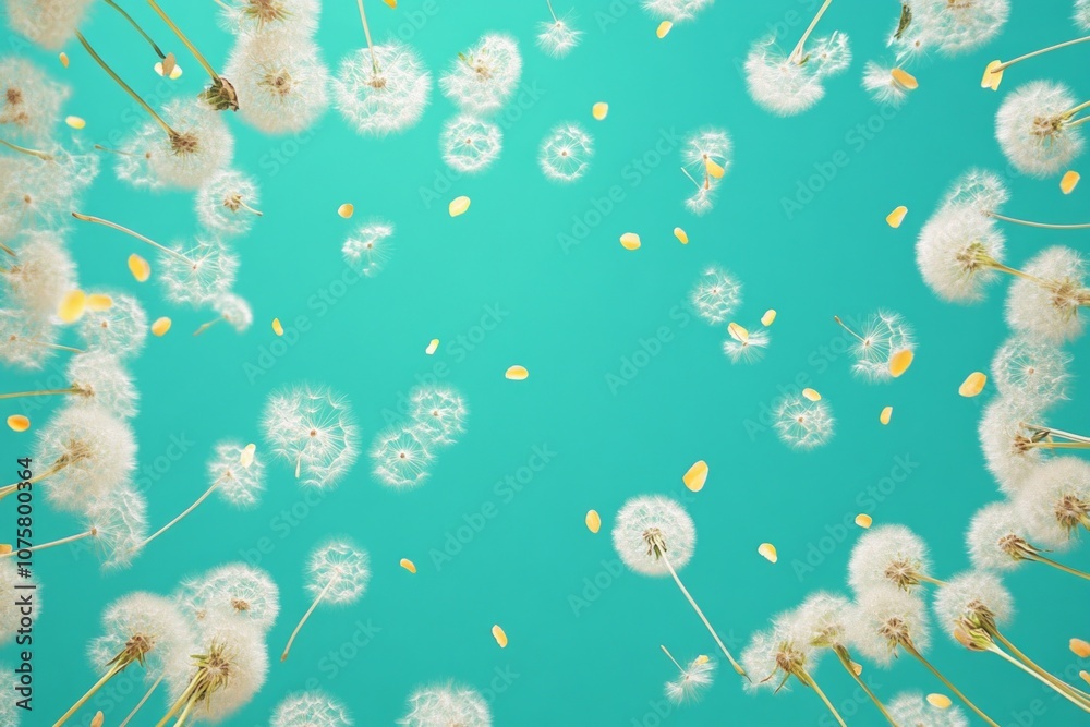 Dandelions fluttering above a turquoise background Dandelions fluttering above a turquoise background