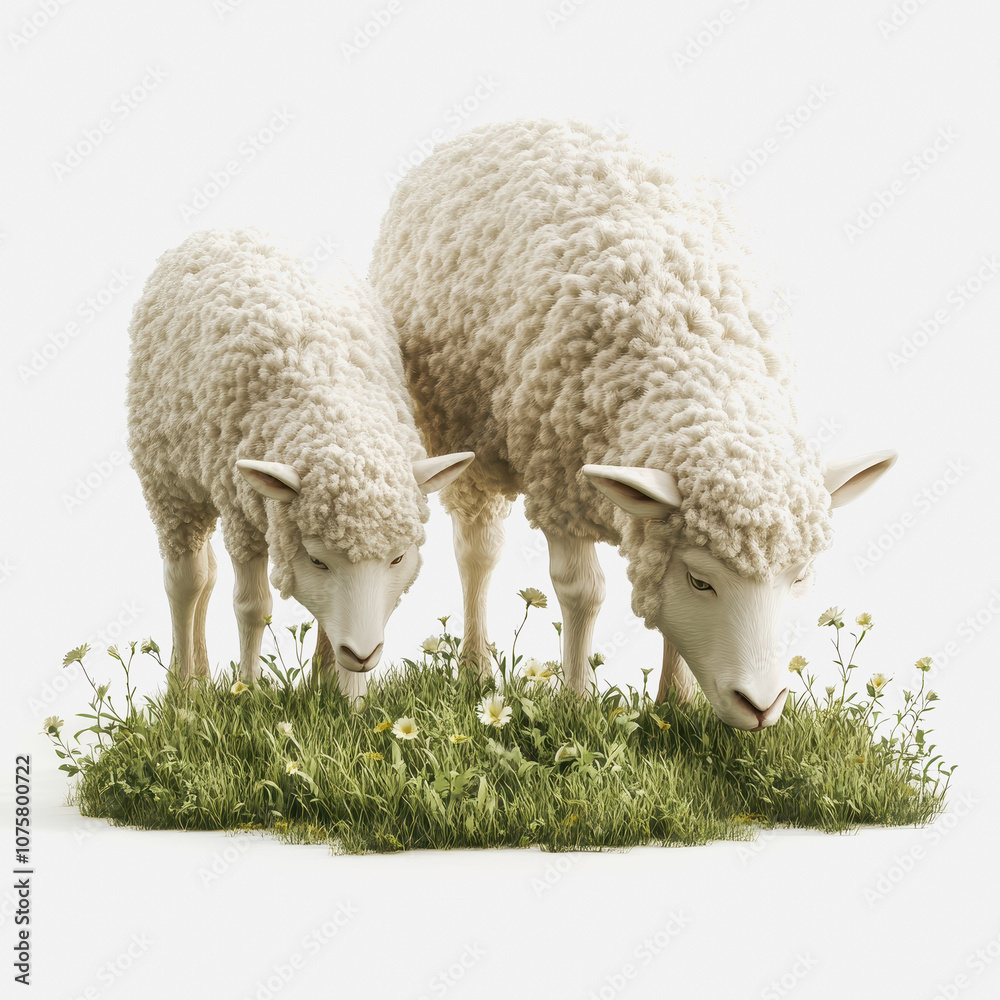 Illustration of Sheep Grazing on Green Grass, Isolated on White Background, Perfect for Farm and Animal-Themed Projects, Vivid and Detailed Illustration of Sheep Grazing on Green Grass, Isolated on White Background, Perfect for Farm and Animal-Themed Projects, Vivid and Detailed
