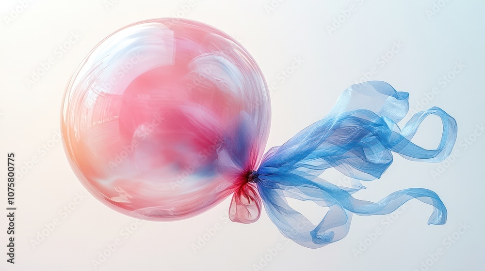 Obraz premium A pink and blue balloon with a blue ribbon, floating on a white background.