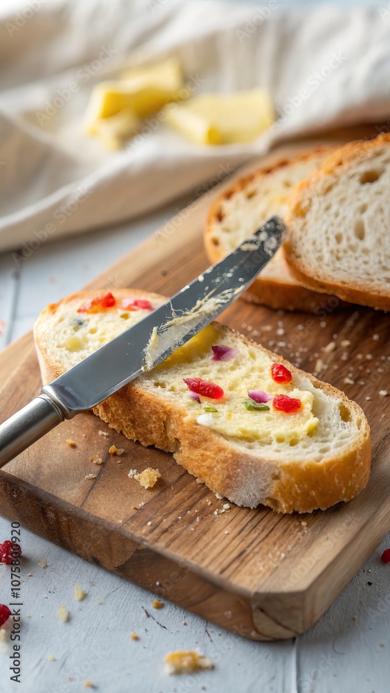Close-up of buttered bread with colorful toppings on wooden cutting board Close-up of buttered bread with colorful toppings on wooden cutting board