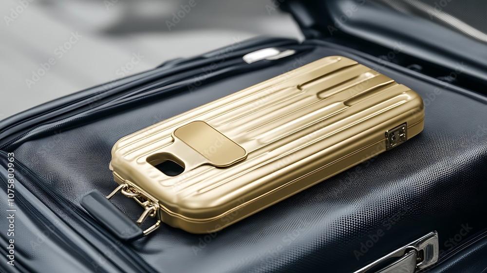 A gold phone case on top of a black suitcase, suggesting travel and protection.