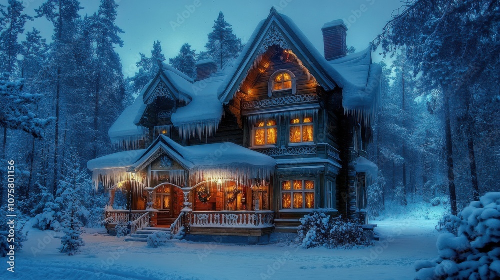 Fototapeta premium A beautiful wooden house, Santa's residence at the North Pole