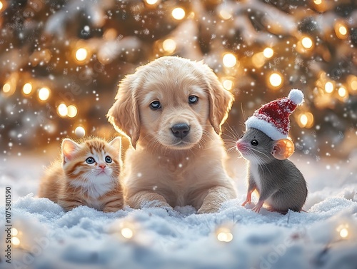 Fototapeta Naklejka Na Ścianę i Meble -  Golden Retriever Puppy, Kitten, and Mouse in Winter Wonderland
