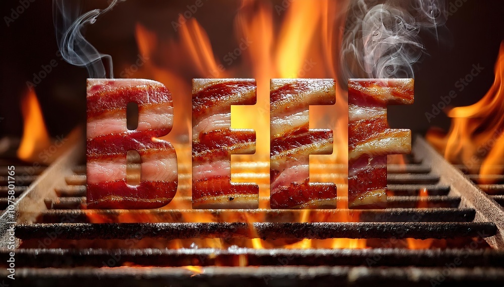 Obraz premium Grilled Beef Letters Over a Fiery Background