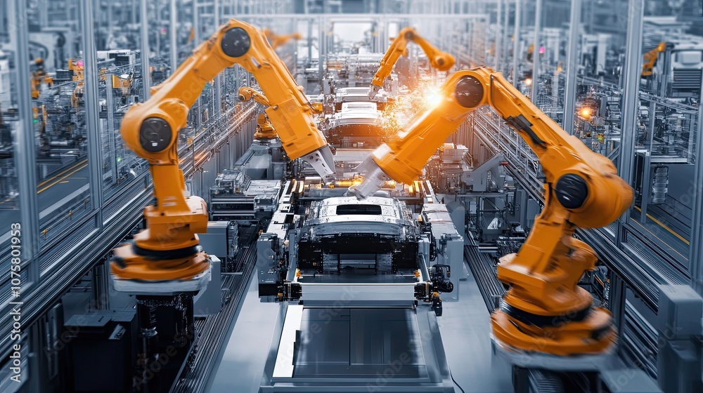 Industrial Robots Assembling a Car on a Manufacturing Line Industrial Robots Assembling a Car on a Manufacturing Line