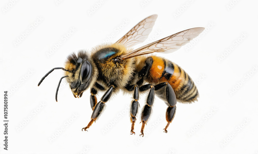A bee is shown against a white background with its wings outstretched A bee is shown against a white background with its wings outstretched
