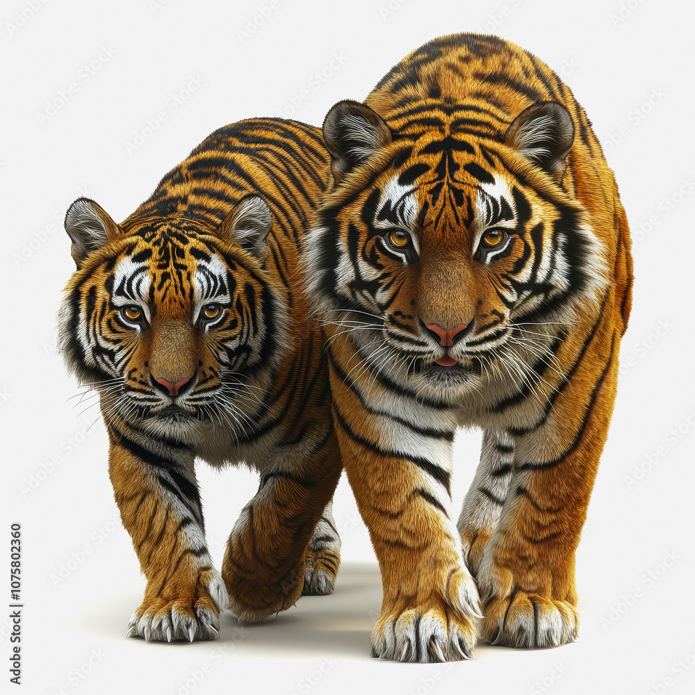 Obraz premium Realistic Illustration of Two Isolated Wild Tigers in Nature, Showcasing Their Powerful Presence and Striking Beauty Against a Neutral Background