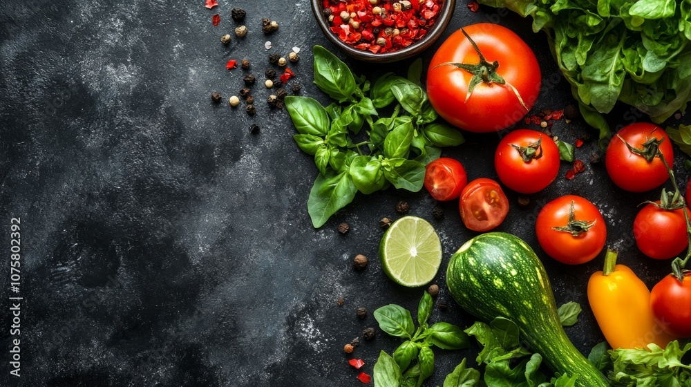 Fresh vegetables, herbs, and spices on a dark background with copy space. Fresh vegetables, herbs, and spices on a dark background with copy space.