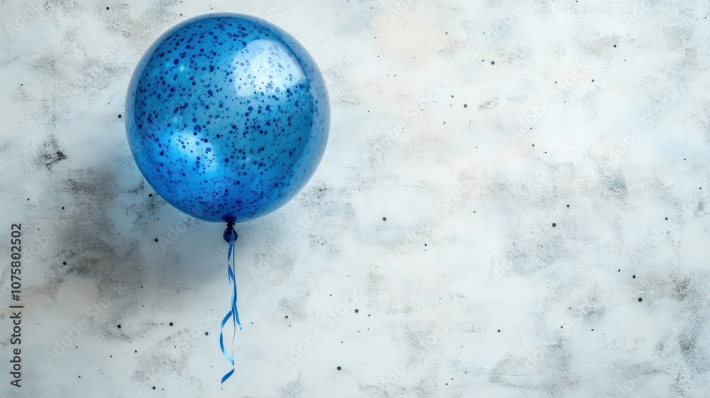 A single blue balloon with speckles on a plain white background. A single blue balloon with speckles on a plain white background.