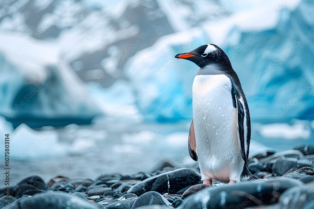 Obraz premium Penguin in a stunning Antarctic setting with icebergs, capturing the essence of wildlife and the serene icy landscape