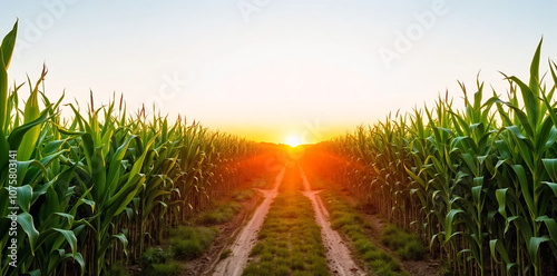 a corn plantation with a clear dirt path running alongside it