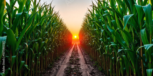 a corn plantation with a clear dirt path running alongside it