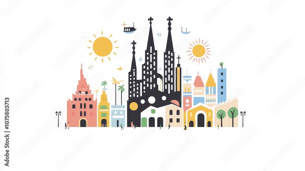 Obraz premium Colorful Illustrative Skyline with Iconic Landmarks and Nature Elements Representing a Vibrant Cityscape in a Modern Artistic Style