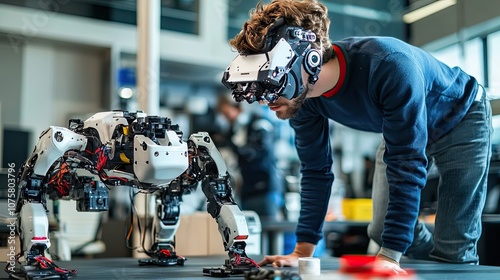 Man in VR headset examining a robotic quadruped
