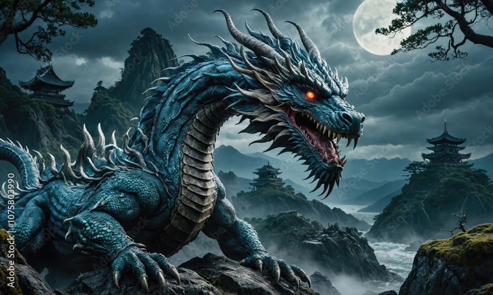 A blue dragon with sharp claws and teeth perches atop a mountain, overlooking a moonlit landscape A blue dragon with sharp claws and teeth perches atop a mountain, overlooking a moonlit landscape