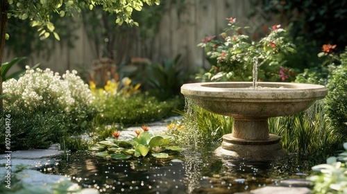 Tranquil Garden Oasis with Stone Fountain
