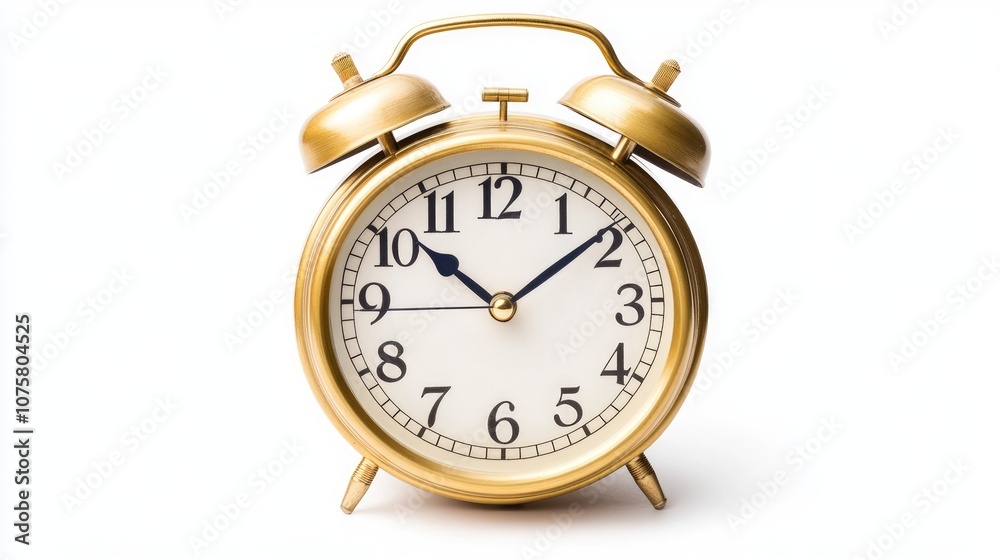 Classic Gold Alarm Clock on White Background Classic Gold Alarm Clock on White Background